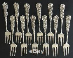 12 RARE STERLING SILVER DESSERT FORKS FLORAL REPOUSS'E by J. E. CALDWELL & CO