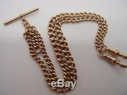 17.5in VICTORIAN EDWARDIAN 9ct GOLD DOUBLE ALBERT WATCH CHAIN T BAR NECKLACE 28g