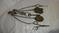 1800's Antique Steel Sewing Chatelaine Key Mirror Purse Sissors Button Hook