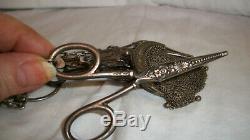 1800's Antique Steel Sewing Chatelaine Key Mirror Purse Sissors Button Hook