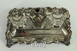 =1840's Sterling Silver Double Inkwell Set Handle Holder & Snuffer Crystal Glass
