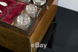 1840s Antique Dressing Traveling Train Case Vanity Box Silver & Secret Drawer