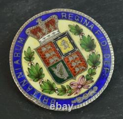 1844 Young Victorian Solid Silver & Enamel Crown Coin Brooch