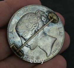 1844 Young Victorian Solid Silver & Enamel Crown Coin Brooch