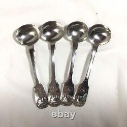 1859 Solid Silver Four Condiment Spoons Fiddle & Shell Pattern Thomas Wheatley