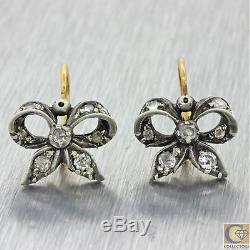 1860s Antique Victorian 14k Solid Yellow Gold Silver Diamond Bow Tie Earrings