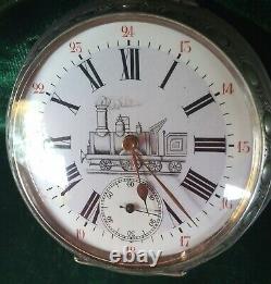 1860s EARLY STEAM TRAIN POCKET WATCH, SOLID SILVER, WORKING WELL, FRENCH MADE