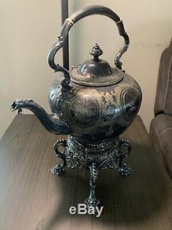1870 Victorian English Silver Plate Tea Pot with Warmer And Wick. Large