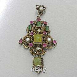 1870s Antique Bohemian Austro-Hungary Solid Silver Mixed Gems Pearl Pendant
