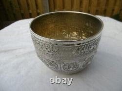 1871 large English Victorian silver bowl with Indian embossed decoration by Fox