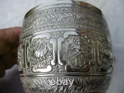 1871 large English Victorian silver bowl with Indian embossed decoration by Fox