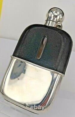 1897 Victorian solid silver glass & leather hip flask by Zimmerman