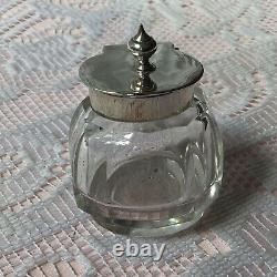 1899 Solid Silver Inkwell Stand, Cut Glass Solid Silver Top Inkwell 52g