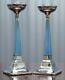 1927 Sterling Silver & Guilloche Enamel Candlesticks Pair By Charles Green & Co