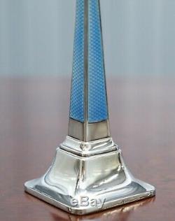 1927 Sterling Silver & Guilloche Enamel Candlesticks Pair By Charles Green & Co
