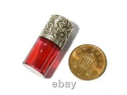 19thC Miniature Ruby Cranberry Glass PERFUME SCENT Bottle Silver Lid #T162B