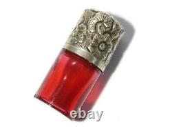 19thC Miniature Ruby Cranberry Glass PERFUME SCENT Bottle Silver Lid #T162B