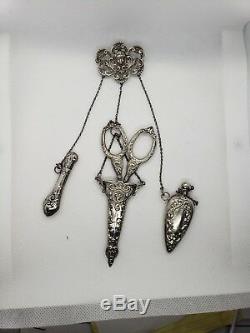 3pc Antique Victorian Sterling Silver Chatelaine Chain complete with Scissors