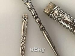 4 Pc Victorian Solid Silver Sewing Kit Etui & Case Needle Scissor Antique Ornate