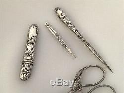 4 Pc Victorian Solid Silver Sewing Kit Etui & Case Needle Scissor Antique Ornate
