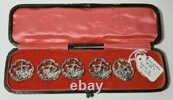 5 LARGE ANTIQUE PIERCED SOLID SILVER BUTTONS CASED KNIGHT RECLINING 24mm 1901