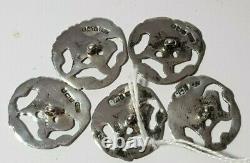 5 LARGE ANTIQUE PIERCED SOLID SILVER BUTTONS CASED KNIGHT RECLINING 24mm 1901