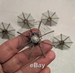 6 Rare Antique Victorian Silver Spider Web Hair Ornaments / Place Card Holders