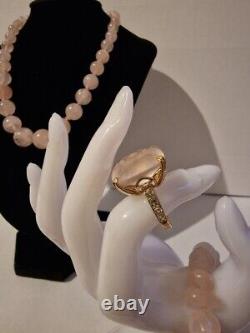 9ct gold clasp rose quartz necklace, Victorian 9k 375, solid silver gilt ring