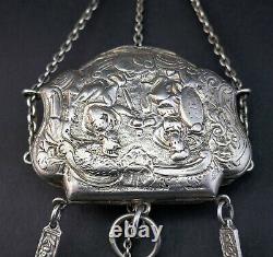 ANTIQUE 19thC FRENCH SOLID SILVER CHATELAINE SEWING TOOLS, PURSE, RATTLE, BOX