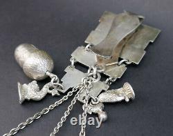 ANTIQUE 19thC FRENCH SOLID SILVER CHATELAINE SEWING TOOLS, PURSE, RATTLE, BOX