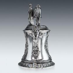 ANTIQUE 19thC VICTORIAN MONUMENTAL SOLID SILVER FIGURAL FLAGON c. 1868