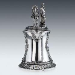 ANTIQUE 19thC VICTORIAN MONUMENTAL SOLID SILVER FIGURAL FLAGON c. 1868