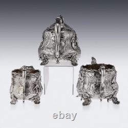 ANTIQUE 19thC VICTORIAN SOLID SILVER CHINOISERIE STYLE TEA SET, E FARRELL c. 1838