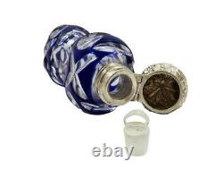 ANTIQUE SILVER & BLUE OVERLAY CUT GLASS PERFUME / SCENT BOTTLE c1890