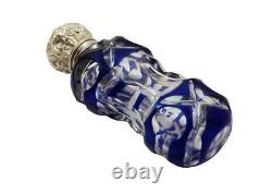 ANTIQUE SILVER & BLUE OVERLAY CUT GLASS PERFUME / SCENT BOTTLE c1890