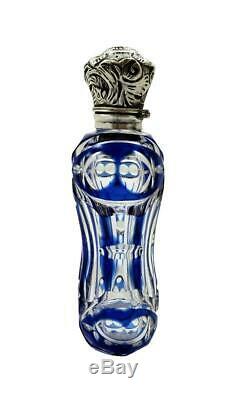 ANTIQUE SILVER & BLUE OVERLAY GLASS PERFUME / SCENT BOTTLE c1890