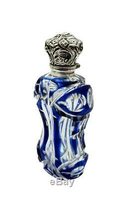 ANTIQUE SILVER & BLUE OVERLAY GLASS PERFUME / SCENT BOTTLE c1890