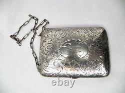 ANTIQUE STERLING SILVER VICTORIAN ETCHED PURSE WithHANDLE, ORIG LEATHER, MONO