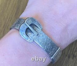 ANTIQUE Victorian EDWARDIAN STERLING Buckle Bangle CUFF Bracelet Etched SILVER