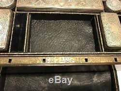 Antique 1800's Dressing Case Vanity Box Calamander HT Sterling Silver Glass Jars