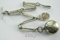 Antique 1898 Solid Silver Albert Pocket Watch Link Chain & Sovereign Holder Fob