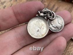 Antique Albert Watch Chain Sterling Silver Victorian Charm Coin Tassel T Bar