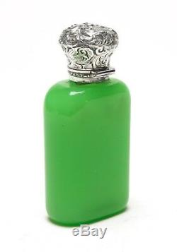 Antique Apple Green Opaline Glass Scent/Perfume Bottle with Silver Repousse Lid