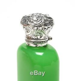 Antique Apple Green Opaline Glass Scent/Perfume Bottle with Silver Repousse Lid