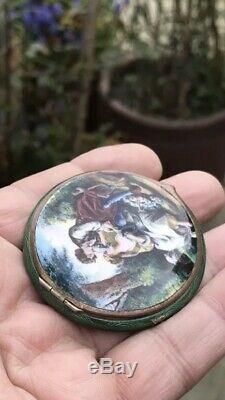 Antique Austrian Or French Guilloche Enamel Solid Silver Box Mirror Compact Case