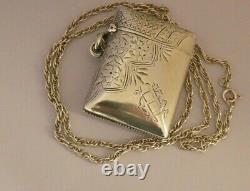 Antique C 1900 Victorian Solid Silver Vesta Case Pendant & Chain Signed Vintage