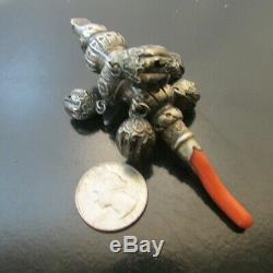 Antique Elaborate English 19c Sterling Silver Coral Baby Rattle Whistle