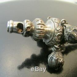 Antique Elaborate English 19c Sterling Silver Coral Baby Rattle Whistle
