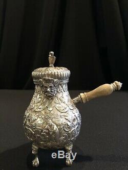 Antique English Sterling Silver Repousse Single Serve Tea Pot with Wood Handle