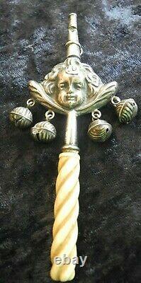 Antique French Sterling Silver / Bone Baby Rattle Wistle Bells Angels Face